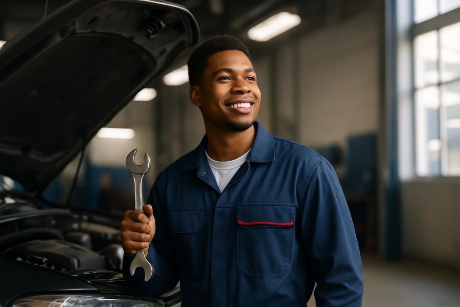 Confident young mechanic in automotive training, smiling by an open car hood.