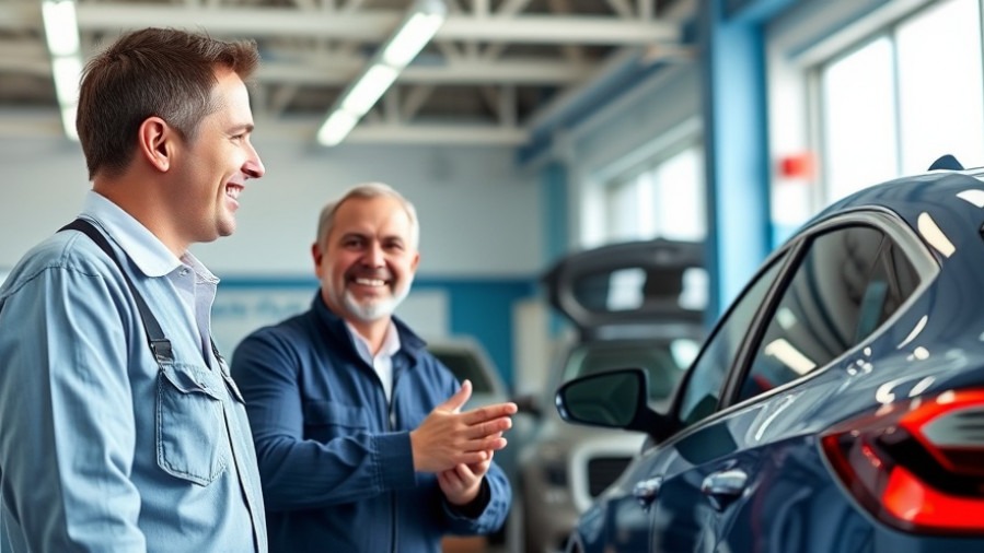 Confident auto mechanic greeting a smiling customer, showcasing local SEO and customer trust.