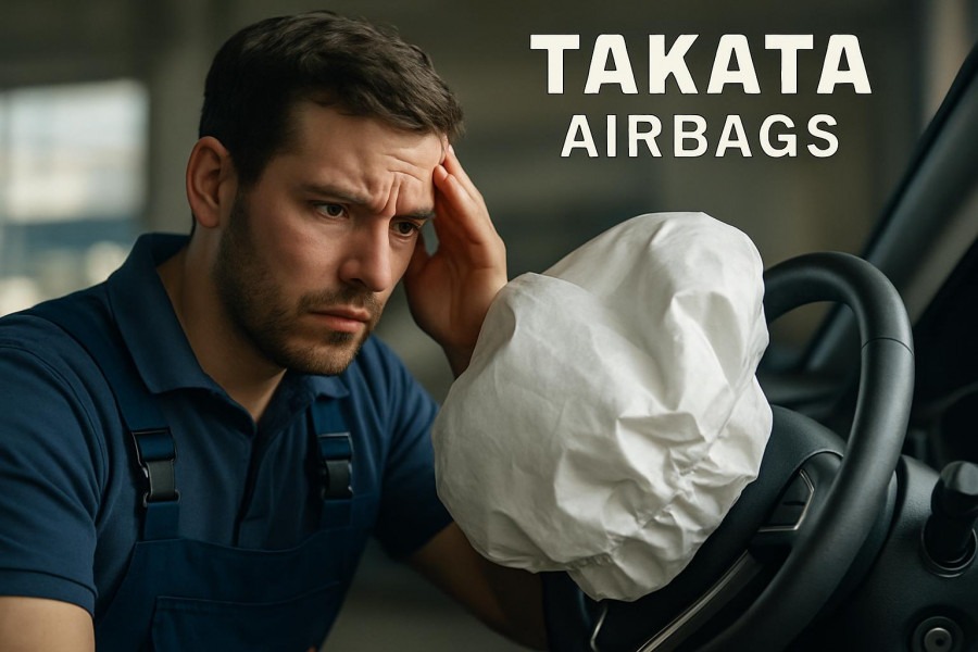 Worried mechanic examines Takata airbag safety in a car garage.