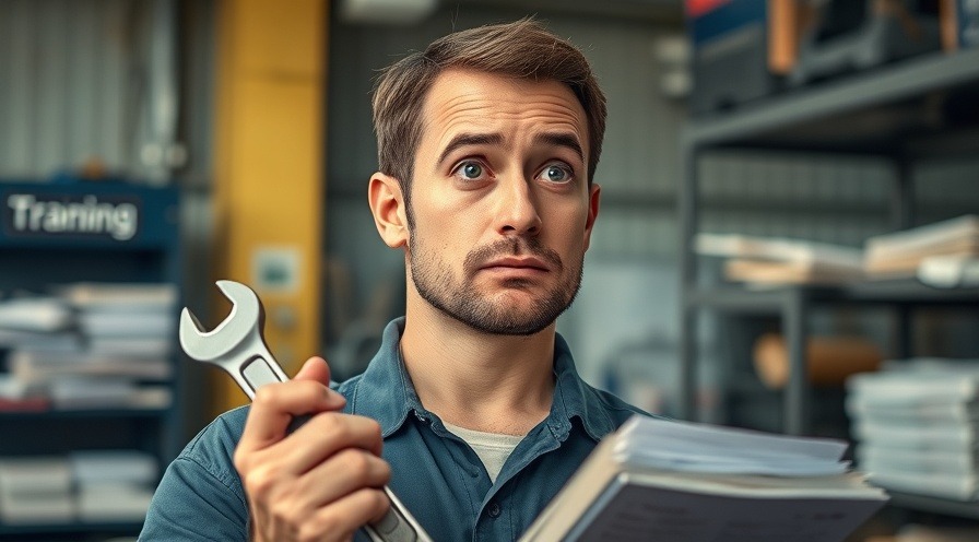 Thoughtful auto shop manager pondering technician training strategies for auto repair shop efficiency.