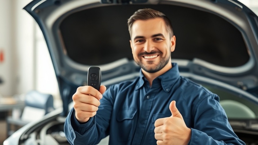Confident mechanic with car key fob, showcasing electric vehicle charging expertise.