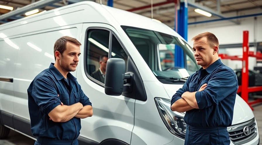 Auto technicians discussing fuel consumption tips by a van in a service garage.