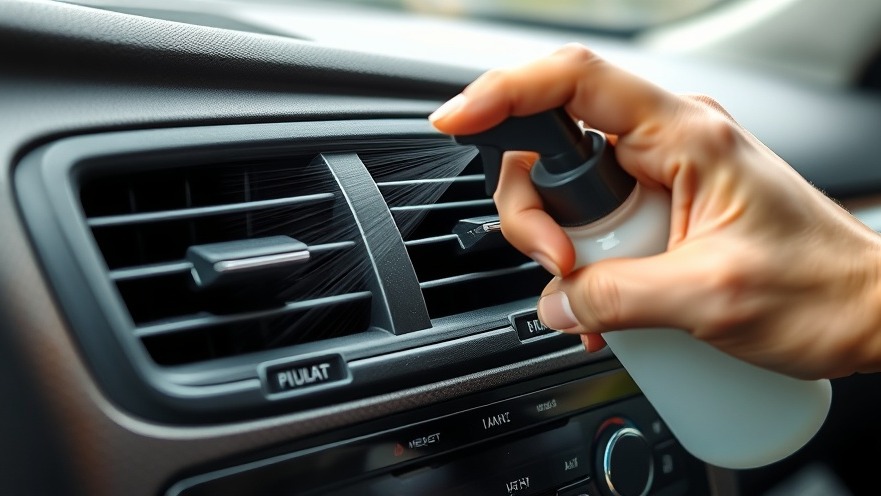 Close-up of hand spraying disinfectant in car AC vent for effective AC maintenance.
