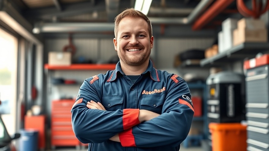 Confident auto repair shop owner in branded work clothes, smiling in an organized garage.