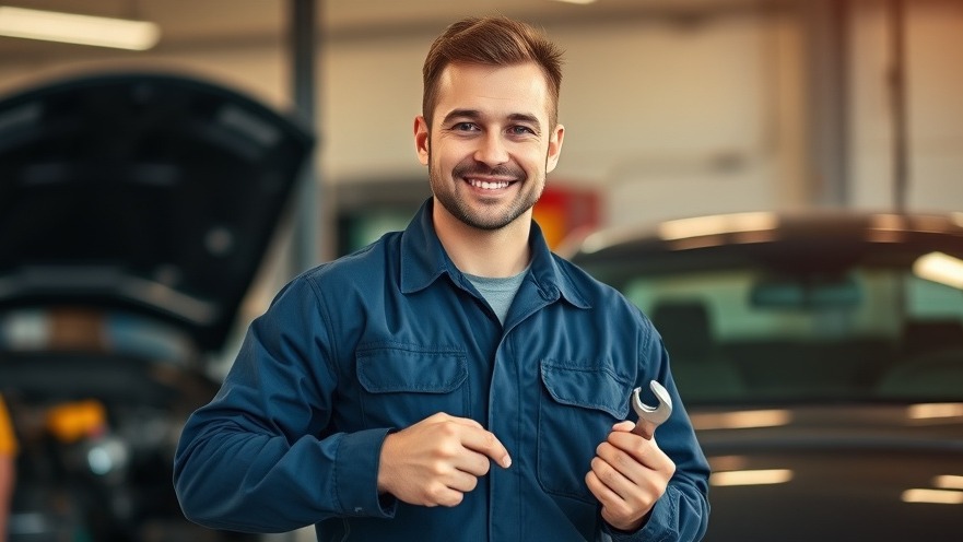 Confident auto mechanic in modern uniform by car, showcasing automotive repair processes.