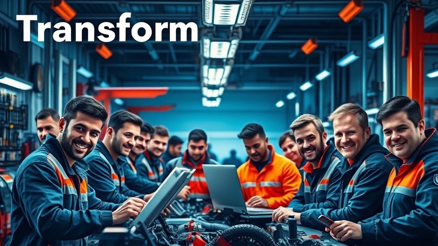 Diverse technicians in vibrant repair shop, showcasing AI in Marketing and customer engagement strategies.