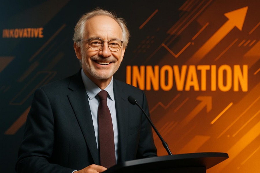 Aging academic man smiles confidently, showcasing American resilience and innovation in the auto repair industry.