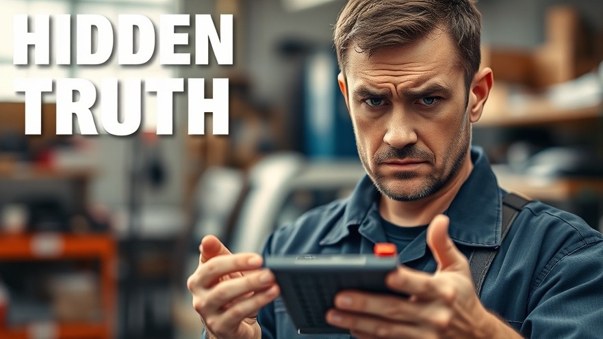 Frustrated mechanic examines labor rates with a calculator, focusing on shop efficiency.