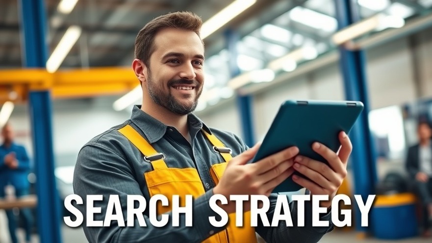 Confident mechanic analyzing search results on a tablet in a bright auto repair shop.