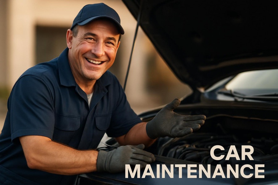Middle-aged mechanic smiling and gesturing at a car engine for automobile maintenance.