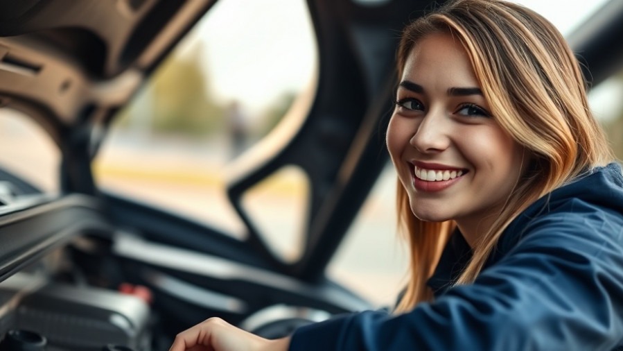 Confident woman checking car engine, highlighting auto care tips.