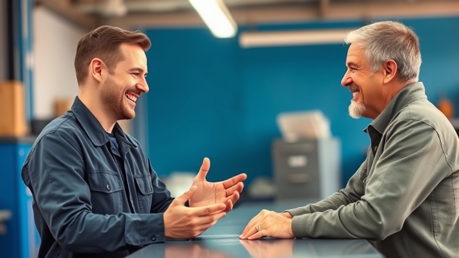 Happy auto repair technician shares automotive storytelling with smiling customer.