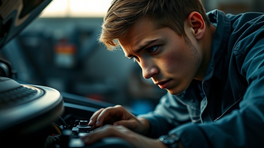 Young mechanic inspecting engine for oil leak signs during DIY vehicle repair.