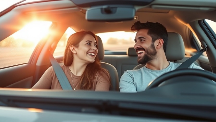Excited young couple in new car, sunny vibes, ideal for car buying tips.