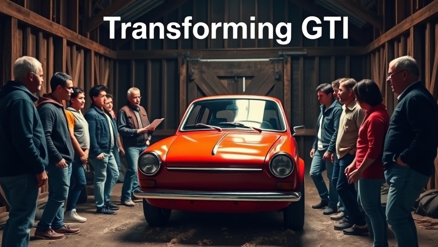 Enthusiastic restorers discuss DIY car projects around a classic VW GTI in a rustic barn.