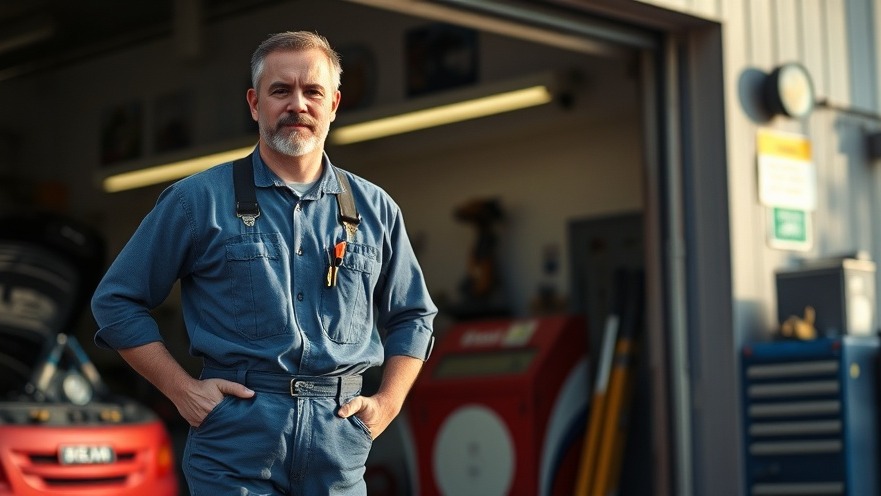 Confident auto repair shop owner promotes shop efficiency through technology adoption.