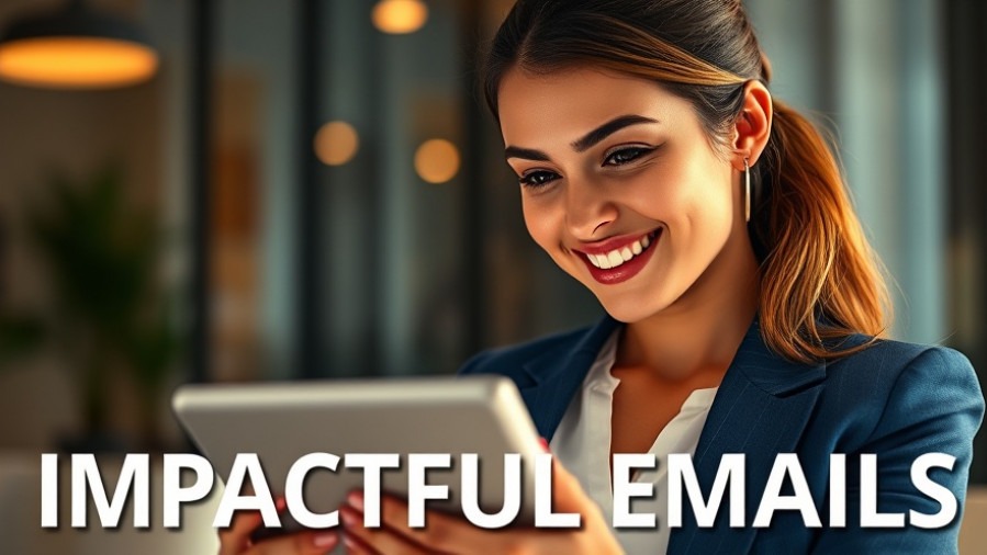 Smiling young professional engaging with vibrant email marketing visuals on tablet.