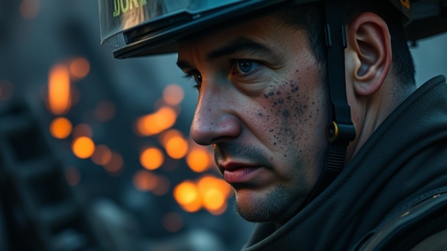 Firefighter assessing a fire scene emphasizes home fire safety and community support.