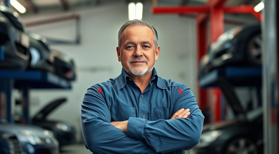 Confident auto repair shop owner showcasing a customer-centric approach in a clean garage.
