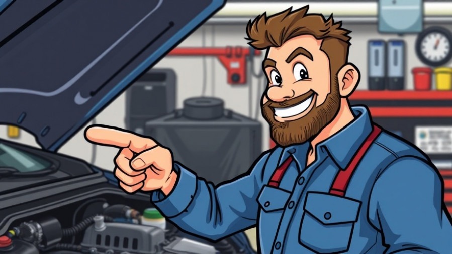 Automotive technician demonstrating variable valve timing solenoid function in a vibrant cartoon style.