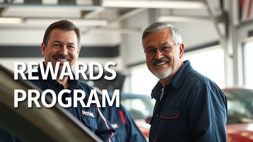 Happy customer and friendly mechanic showcasing rewards program benefits at an auto repair shop.