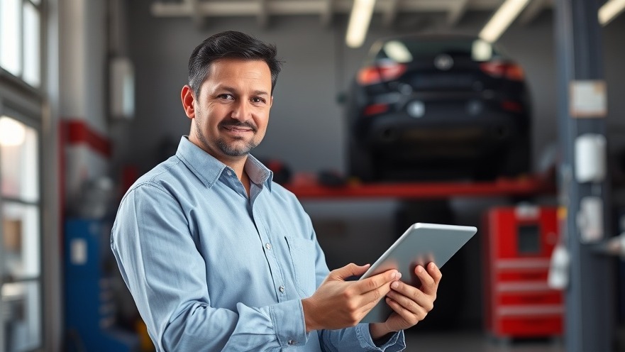Confident auto shop owner analyzing local SEO for auto repair data on a tablet.