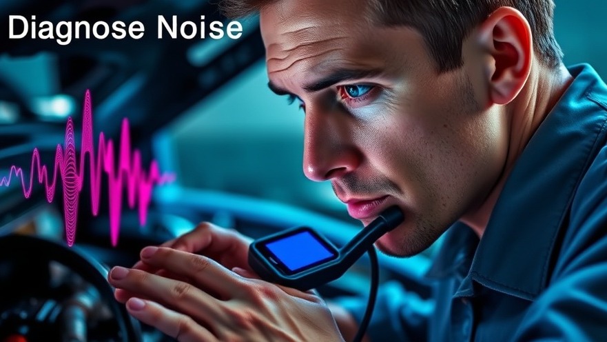 Mechanic diagnosing automotive noise with an electronic stethoscope, vibrant sound waves.