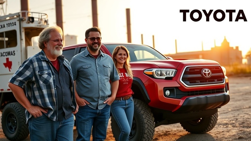 Smiling car owners with a Toyota Tacoma, showcasing car maintenance tips and local manufacturing.