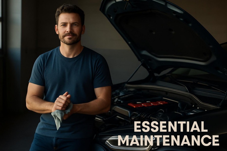 Confident car owner showcasing oil change importance with a gleaming engine.
