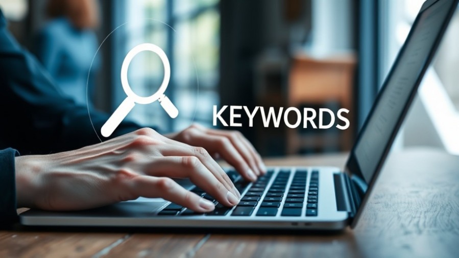 Person optimizing local SEO on a laptop with keywords overlay in a techy setting.