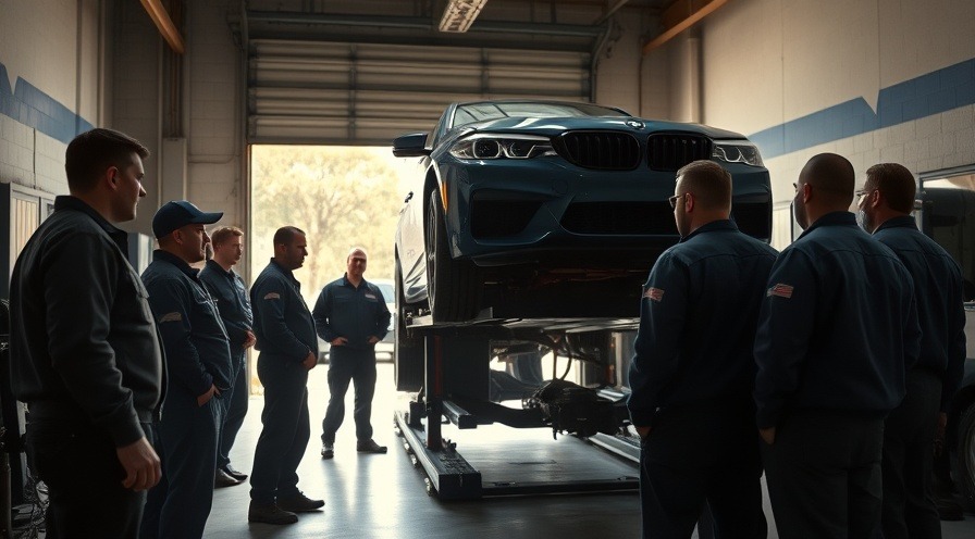 Mechanics collaborating in a bright garage, showcasing auto repair success and shop efficiency.