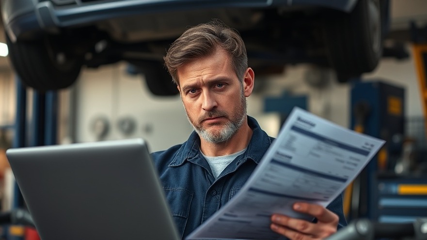 Auto repair shop owner reflecting on cash flow and profit margins with financial documents.