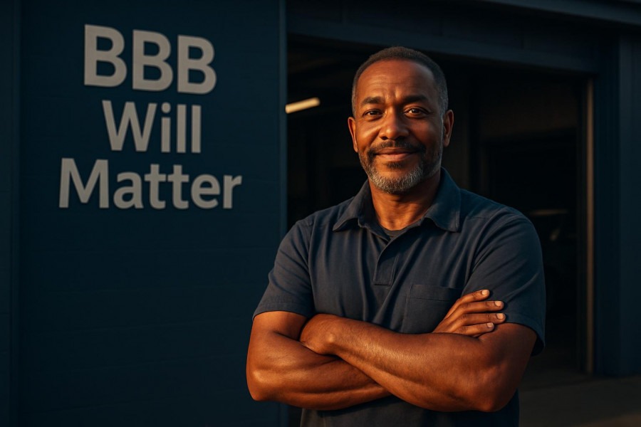 Confident auto repair owner with BBB accreditation, embodying consumer trust.