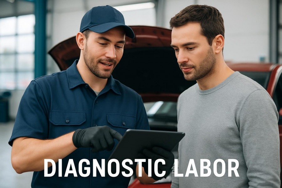 Confident auto technician explains diagnostic trouble codes to a customer in a repair shop.