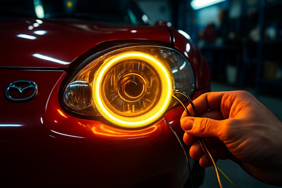 Close-up of first gen Miata pop-up headlights with vibrant LED lights during an upgrade.