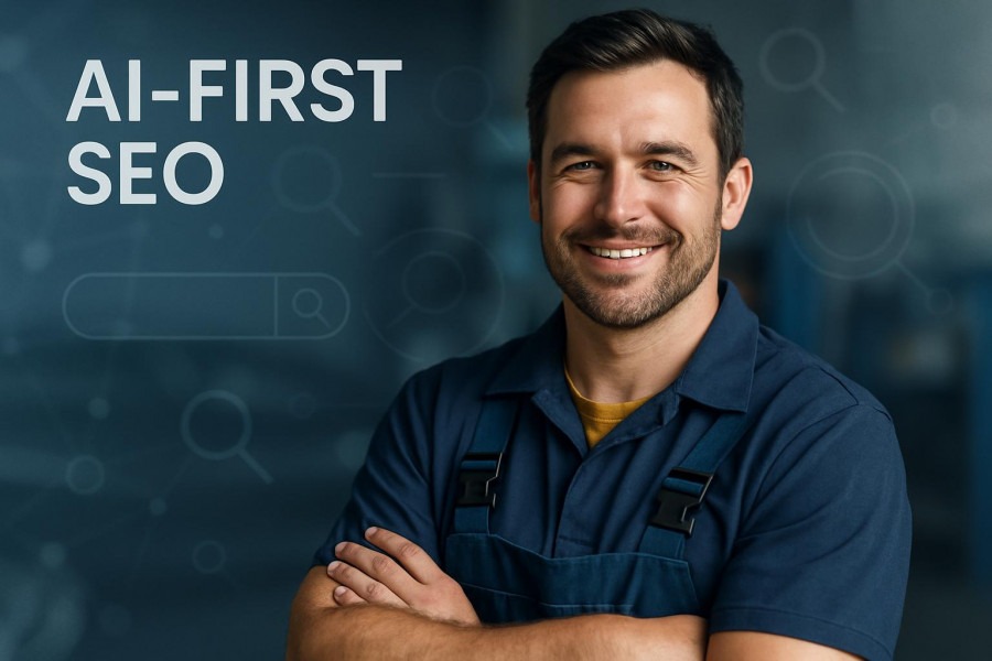 Confident auto repair shop owner smiling, showcasing AI-first SEO strategies.