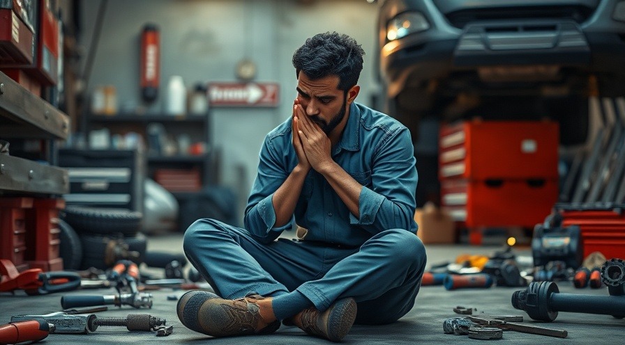 Exhausted auto repair technician reflects team morale amid scattered tools.