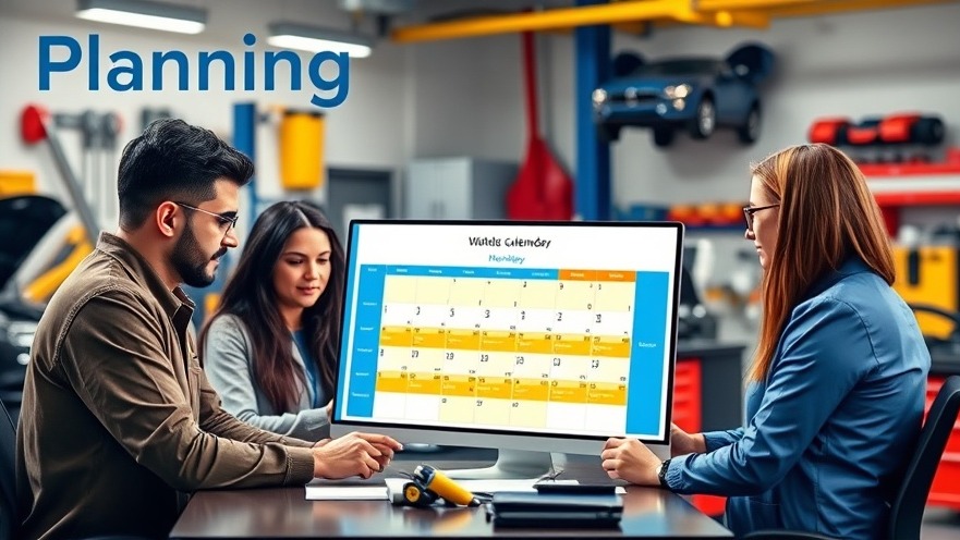 Auto shop professionals strategizing automotive repair marketing strategies around a yearly calendar.