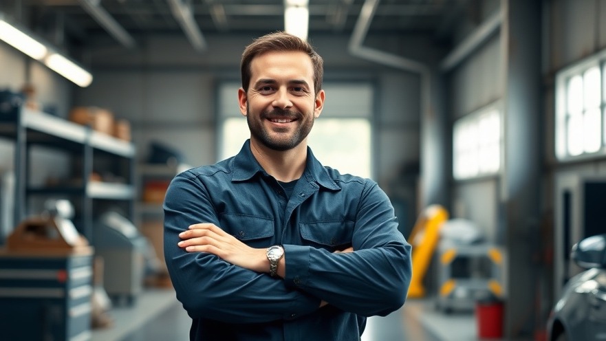 Confident auto repair shop owner showcasing customer engagement in automotive repair.