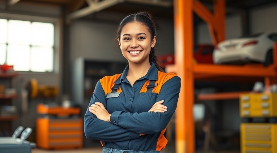 Confident young female auto mechanic celebrating gender diversity in auto repair.