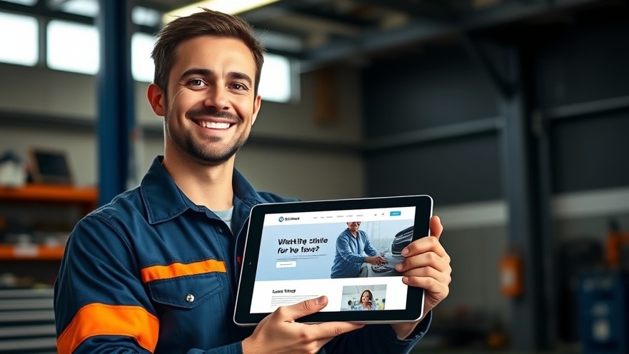 Confident mechanic shows auto repair website design on tablet in modern garage.