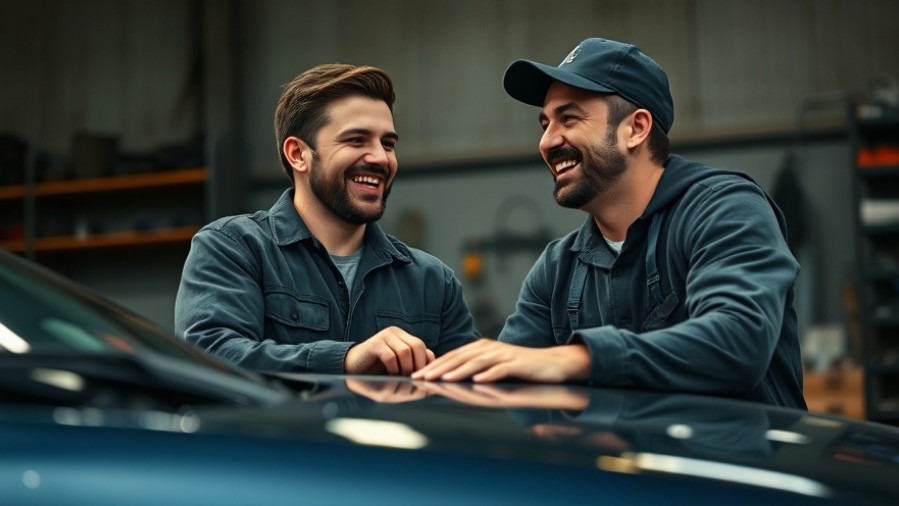 Two mechanics joyfully bonding in a workshop, showcasing automotive networking.