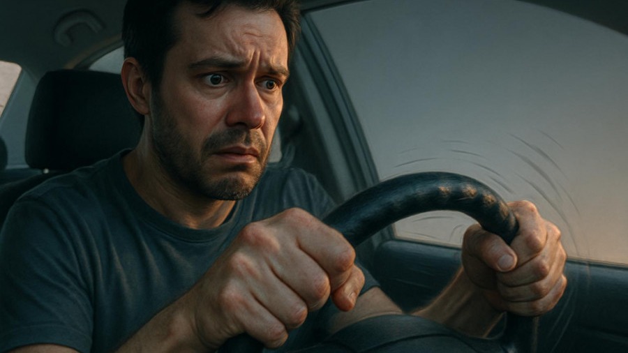 Worried driver experiencing driveshaft issues, gripping a shaking steering wheel.