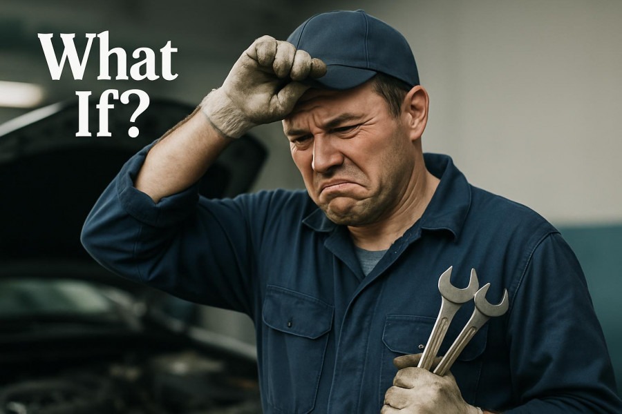 Frustrated mechanic in blue overalls contemplates auto shop decision making.