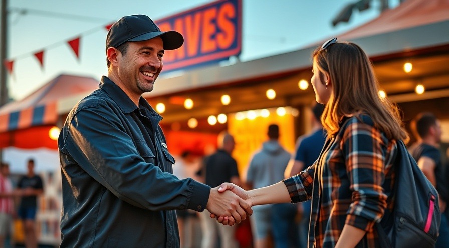 Mechanic engaging with local festival-goer, promoting community engagement in auto repair.