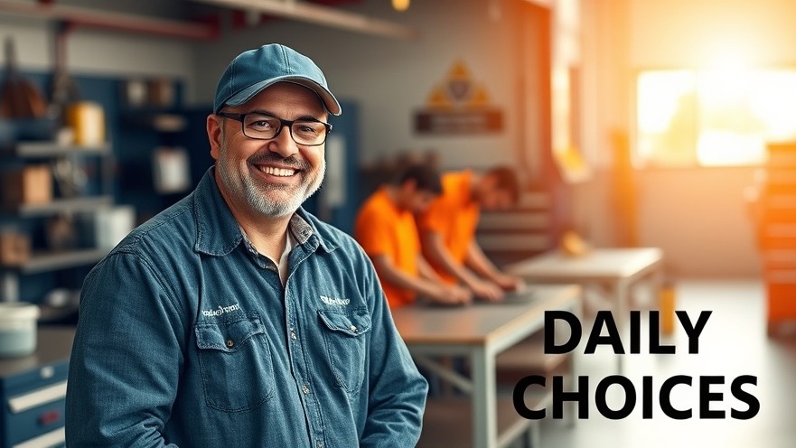 Confident auto shop owner smiling with team, embodying work purpose and teamwork.