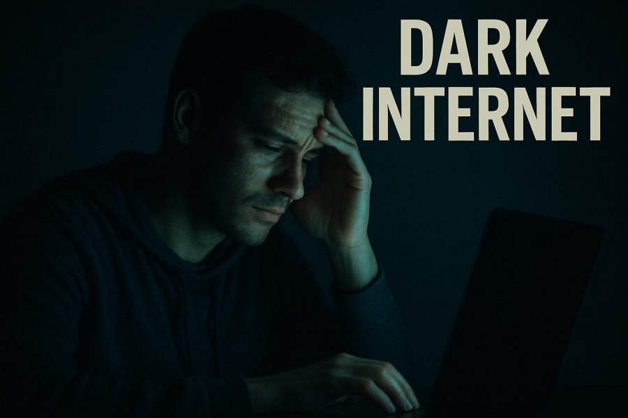 Thoughtful individual exploring the dark web with Tor browser, showcasing online security and anonymity.