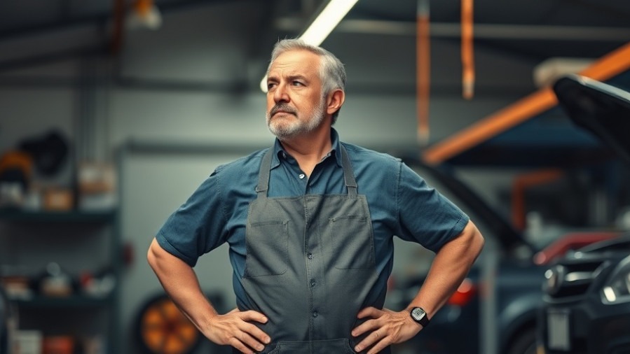 Determined auto shop owner analyzing workspace, highlighting automotive repair challenges.
