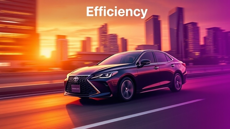 Sleek Toyota Crown hybrid SUV in a vibrant cityscape at sunset, showcasing fuel efficiency and driving performance.