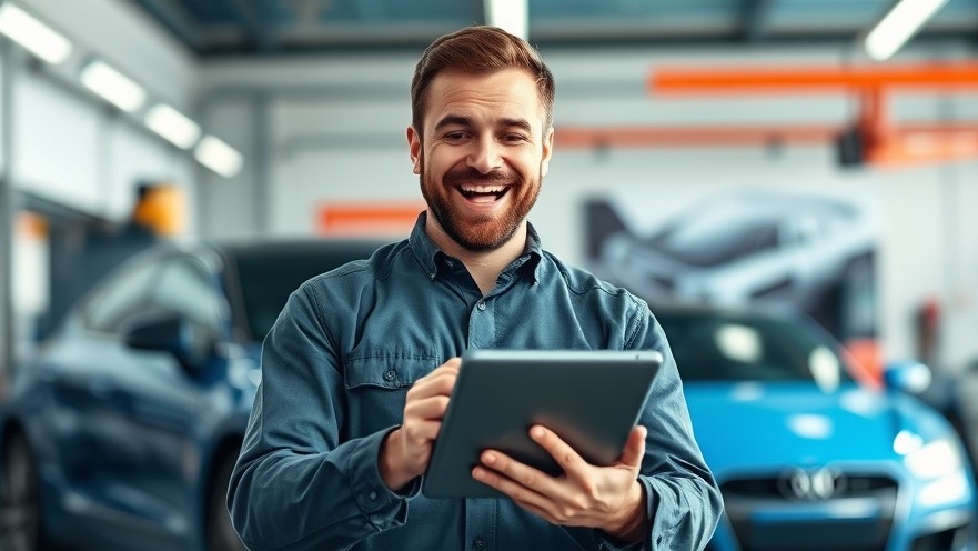 Excited auto mechanic showcasing AI tools in modern garage for auto repair AI solutions.